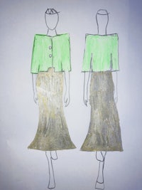 a drawing of a woman in a green skirt