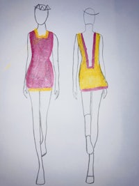 a drawing of a mannequin wearing a yellow and pink dress