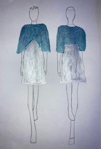 a drawing of two mannequins dressed in blue and white
