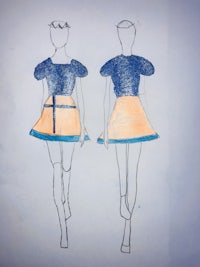 a drawing of a woman in a blue and orange skirt